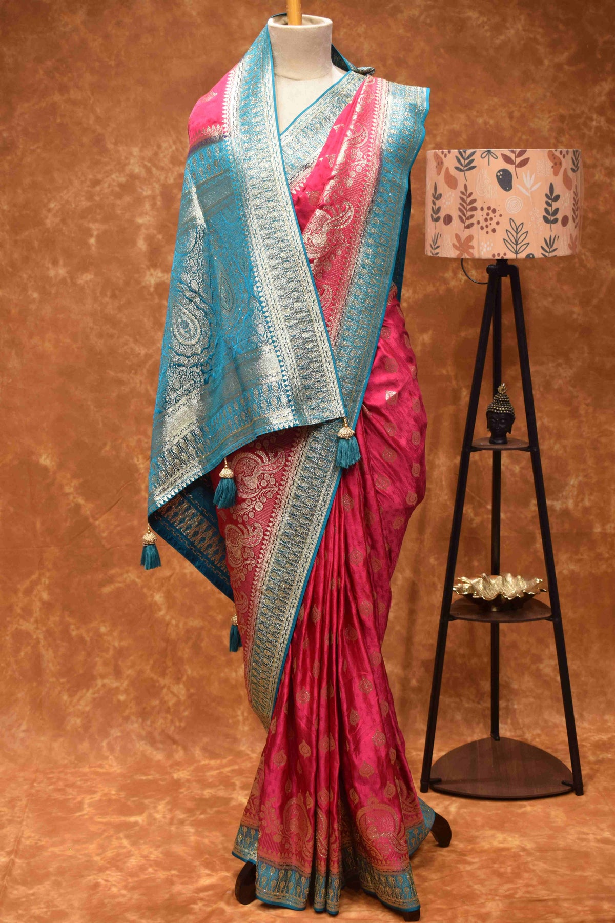 Royal Pink & Turquoise Banarasi Silk Saree with Zari Paisley Border