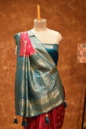 Royal Pink & Turquoise Banarasi Silk Saree with Zari Paisley Border