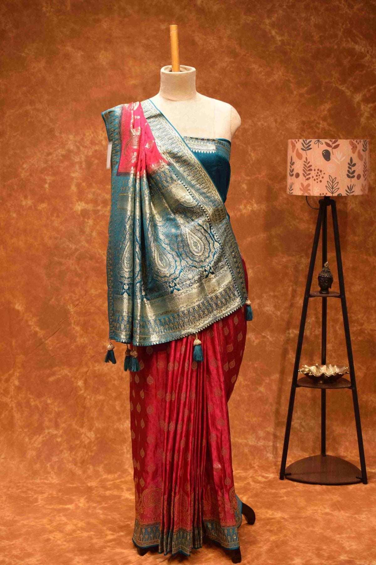 Royal Pink & Turquoise Banarasi Silk Saree with Zari Paisley Border