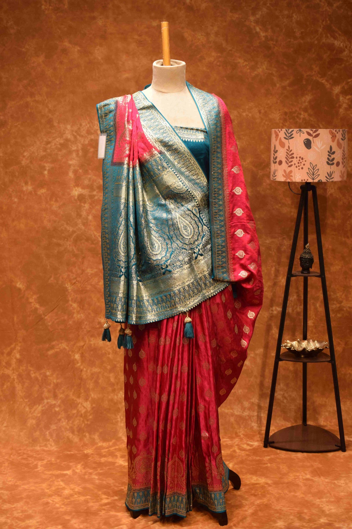 Royal Pink & Turquoise Banarasi Silk Saree with Zari Paisley Border