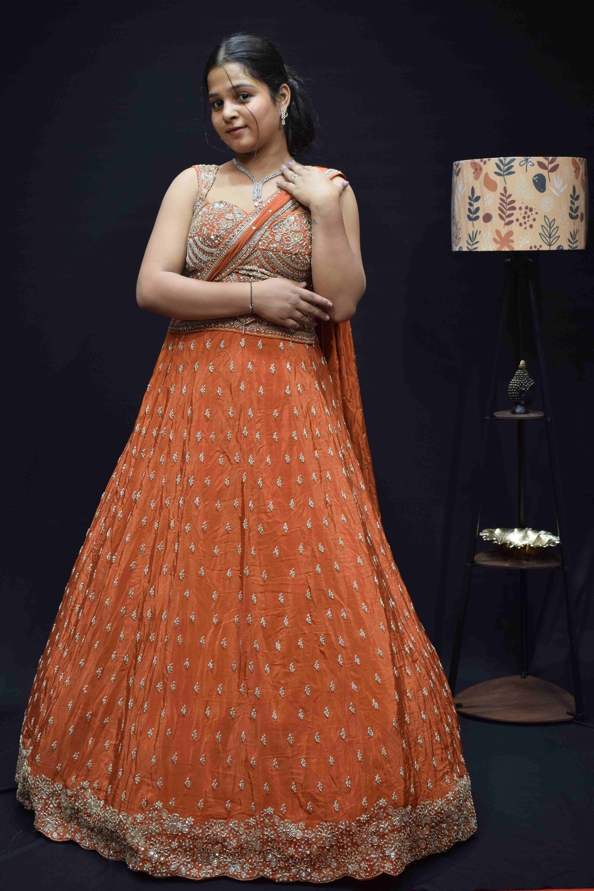 Elegant Peach Orange Lehenga Saree with Intricate Silver Embroidery