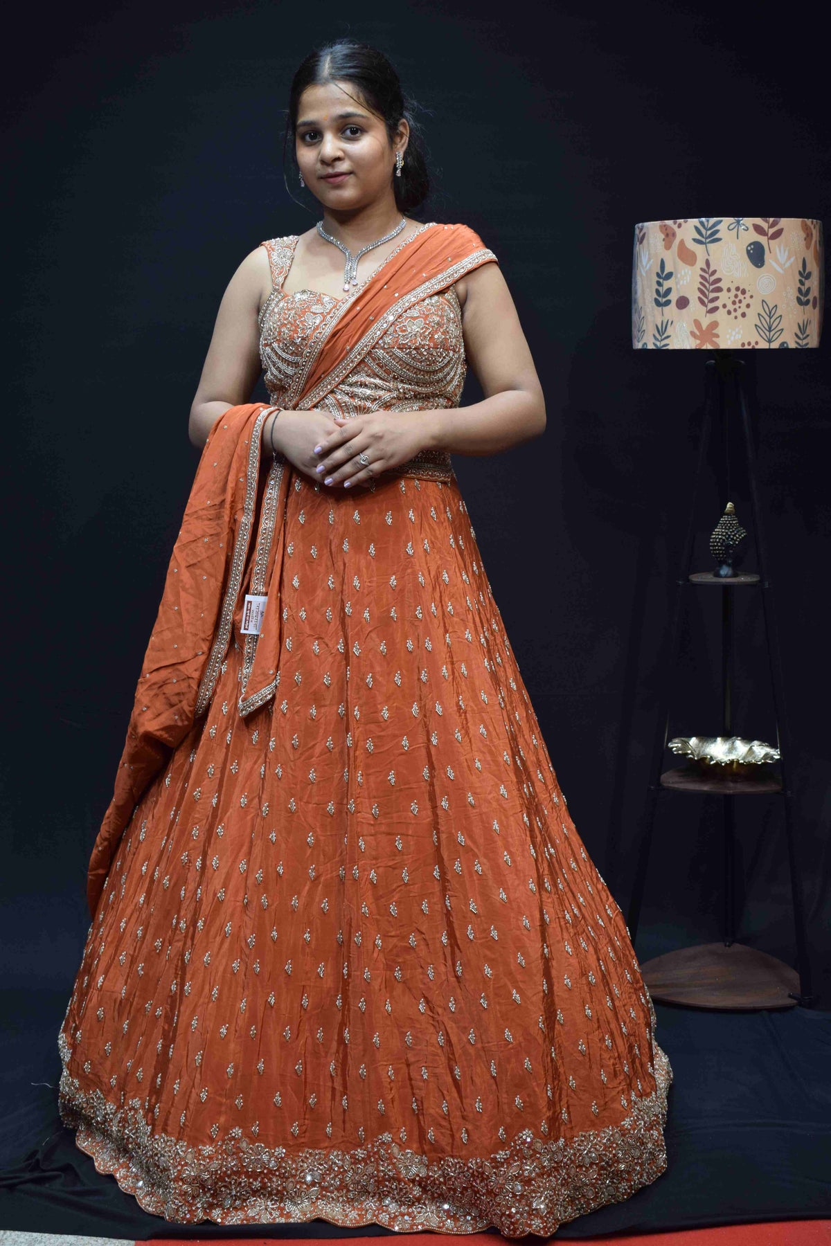 Elegant Peach Orange Lehenga Saree with Intricate Silver Embroidery
