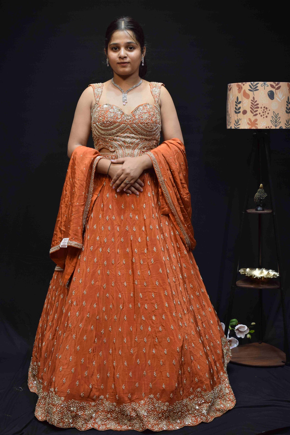 Elegant Peach Orange Lehenga Saree with Intricate Silver Embroidery