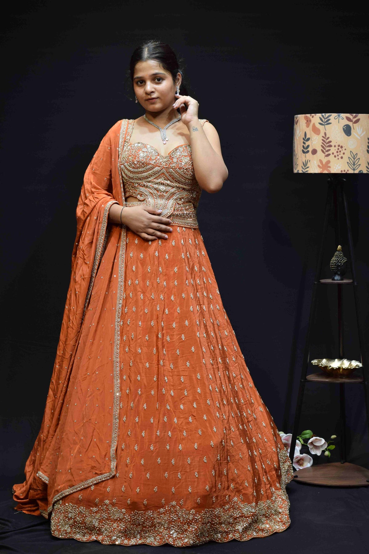Elegant Peach Orange Lehenga Saree with Intricate Silver Embroidery