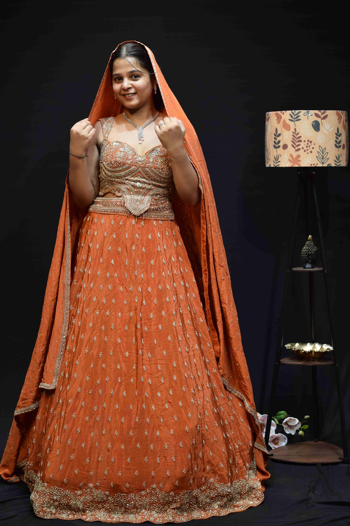 Elegant Peach Orange Lehenga Saree with Intricate Silver Embroidery
