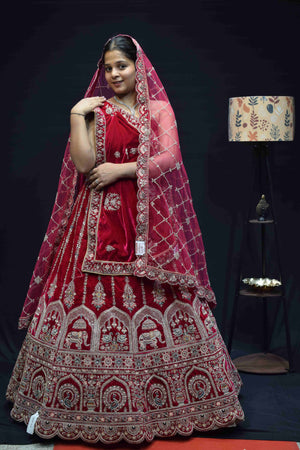 Royal Red Bridal Lehenga Saree with Intricate Silver Zari Embroidery