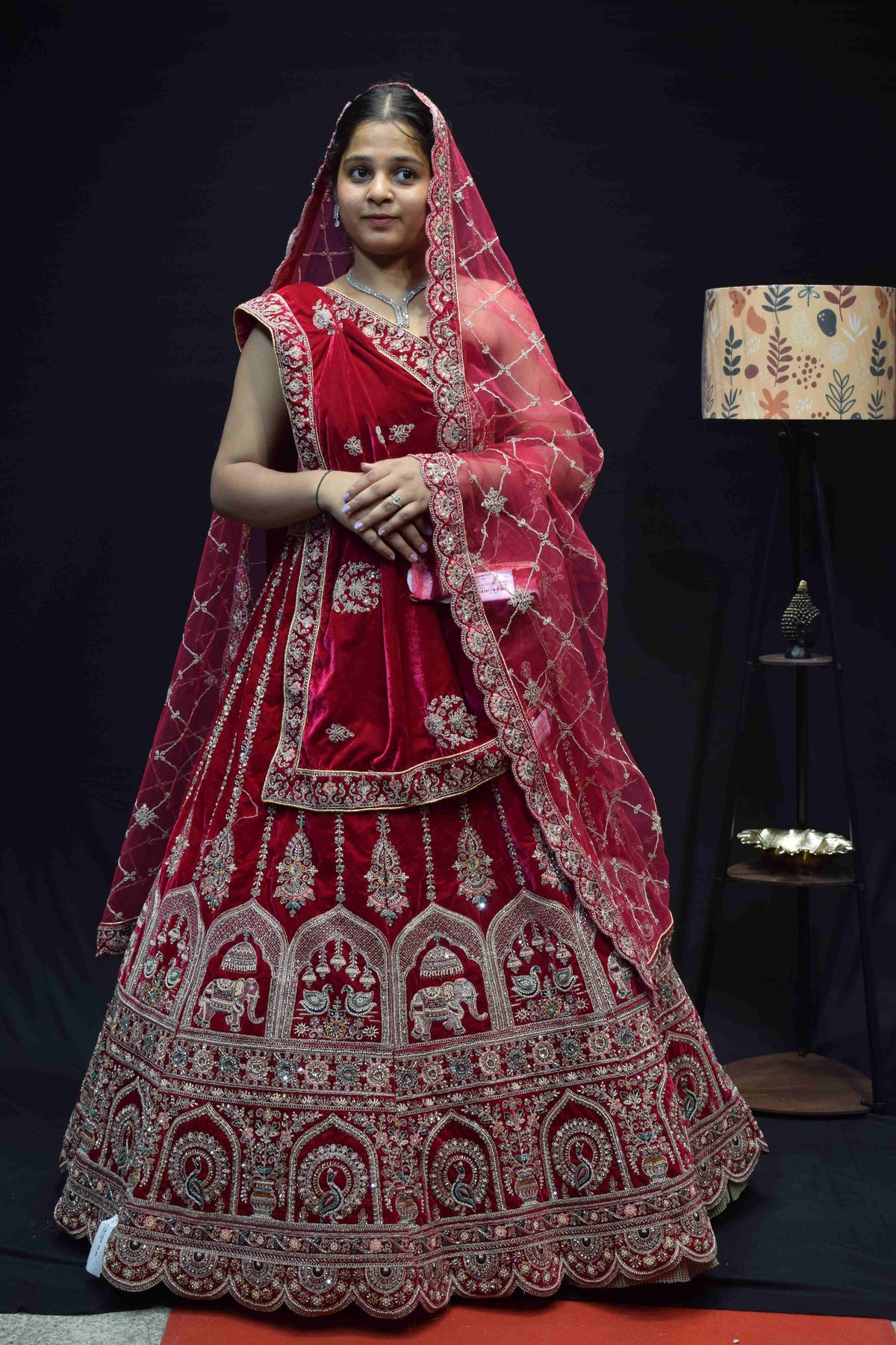 Royal Red Bridal Lehenga Saree with Intricate Silver Zari Embroidery