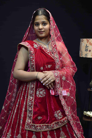 Royal Red Bridal Lehenga Saree with Intricate Silver Zari Embroidery
