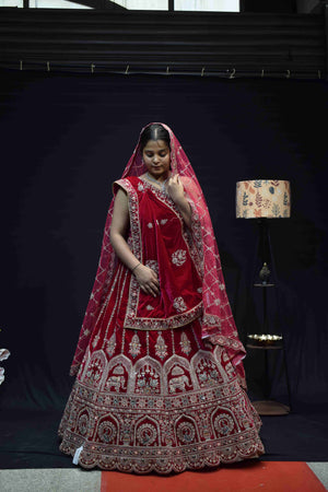 Royal Red Bridal Lehenga Saree with Intricate Silver Zari Embroidery