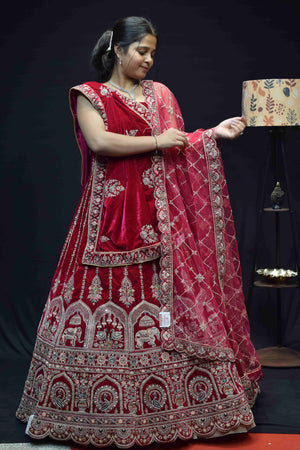 Royal Red Bridal Lehenga Saree with Intricate Silver Zari Embroidery