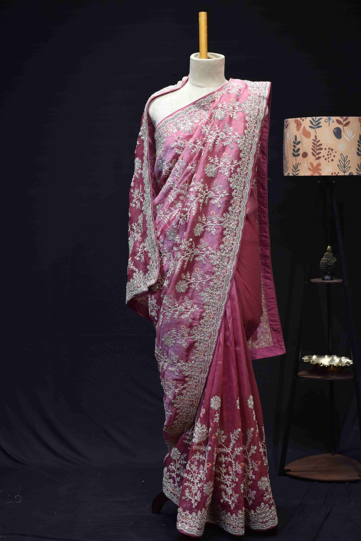 Blush Pink Floral Embroidered Saree with Intricate Silver Zari Border