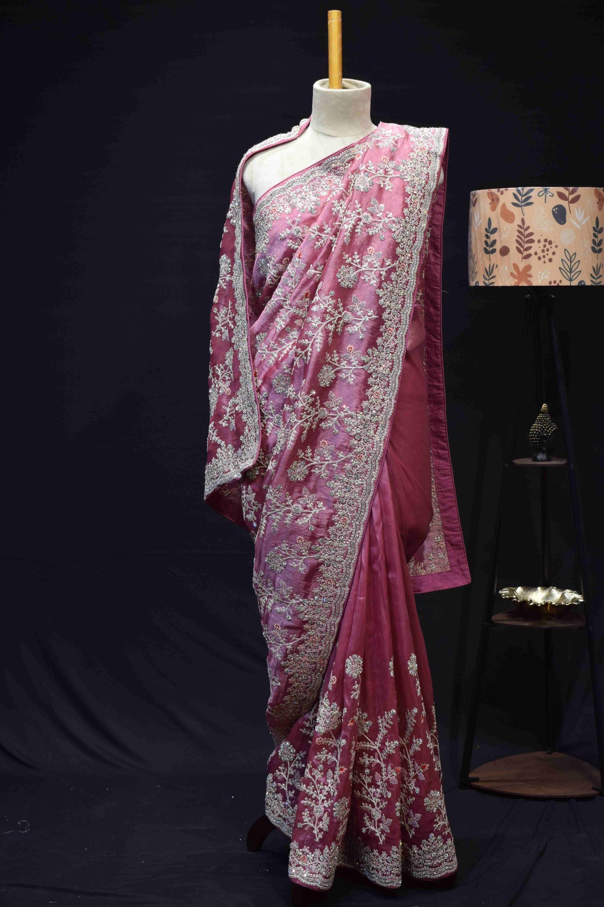 Blush Pink Floral Embroidered Saree with Intricate Silver Zari Border