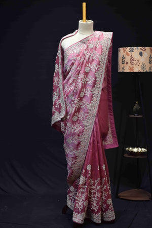 Blush Pink Floral Embroidered Saree with Intricate Silver Zari Border