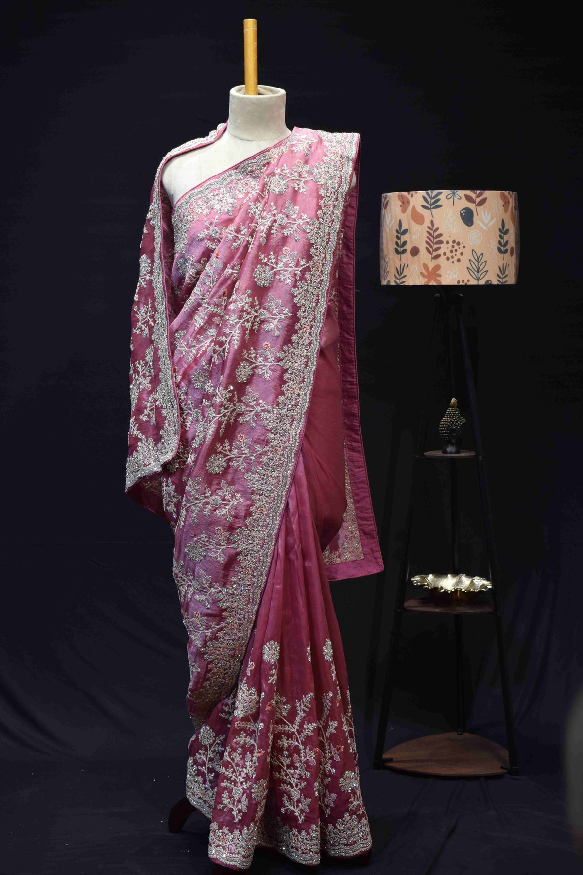 Blush Pink Floral Embroidered Saree with Intricate Silver Zari Border