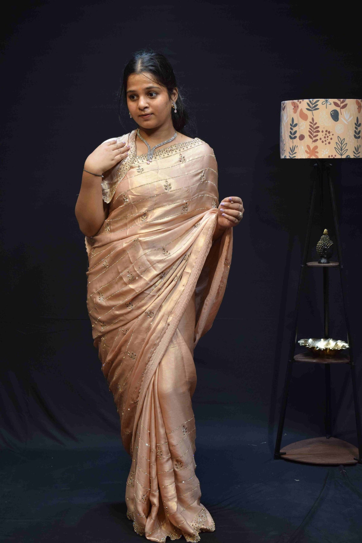 Elegant Champagne Peach Silk Saree with Delicate Zari Embroidery
