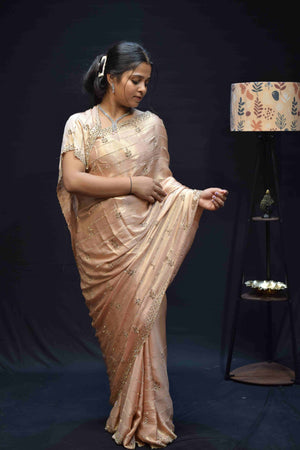 Elegant Champagne Peach Silk Saree with Delicate Zari Embroidery