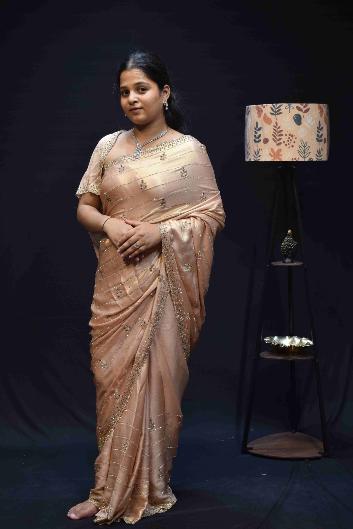 Elegant Champagne Peach Silk Saree with Delicate Zari Embroidery