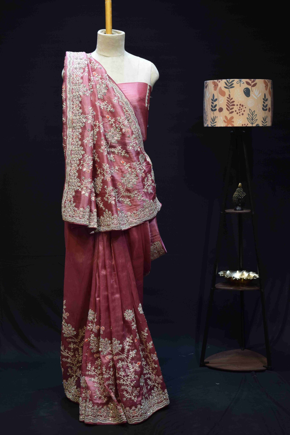Blush Pink Floral Embroidered Saree with Intricate Silver Zari Border
