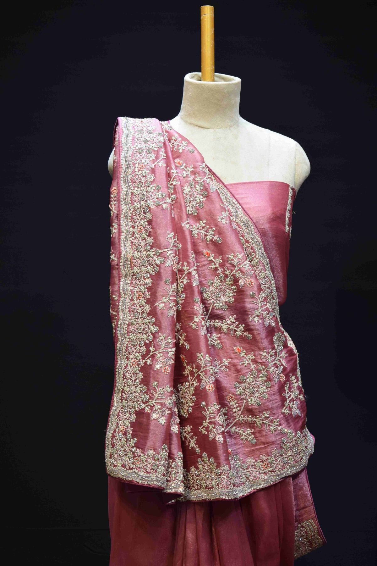 Blush Pink Floral Embroidered Saree with Intricate Silver Zari Border