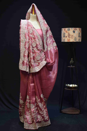 Blush Pink Floral Embroidered Saree with Intricate Silver Zari Border