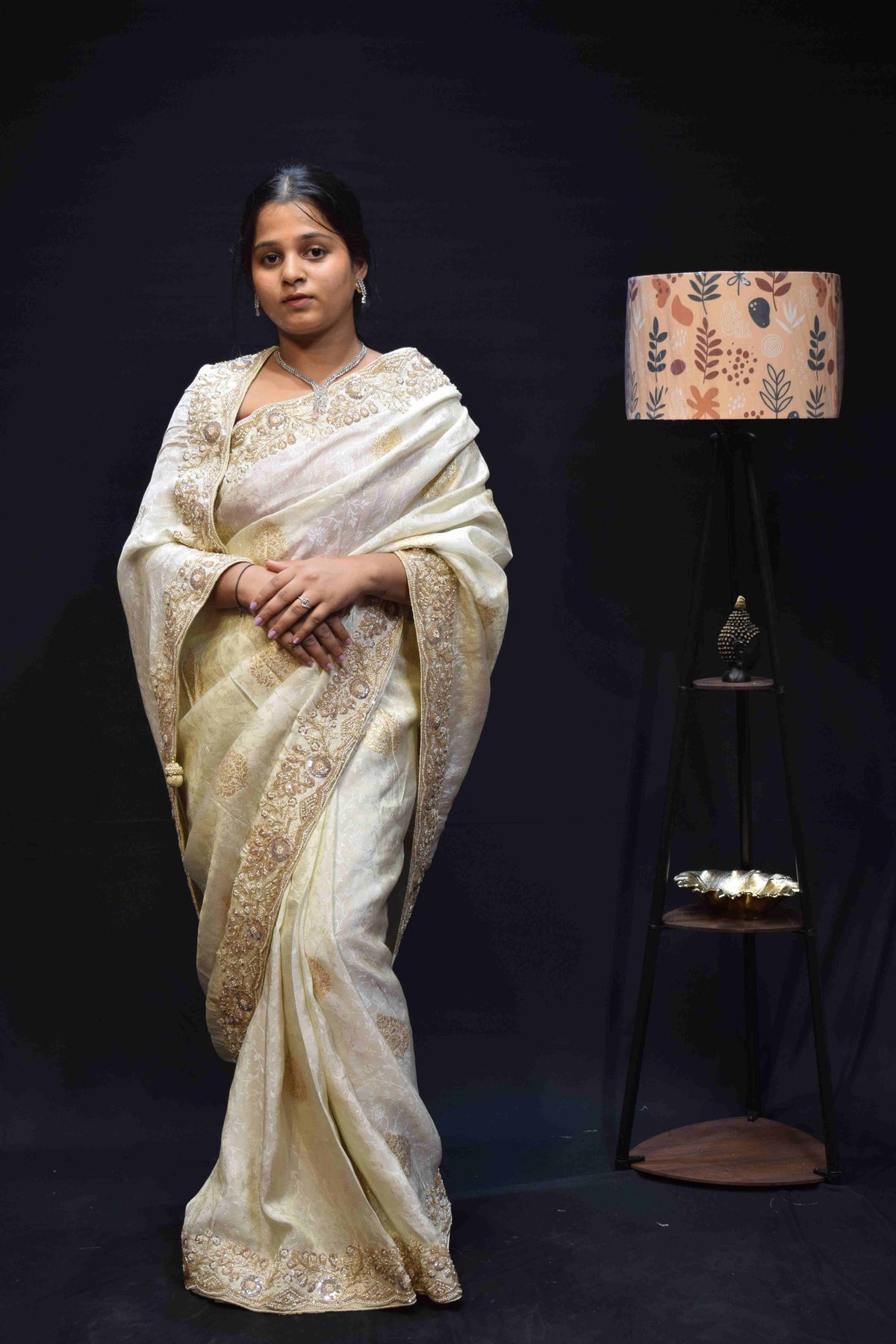 Elegant Ivory White Banarasi Saree with Intricate Gold Embroidered Border