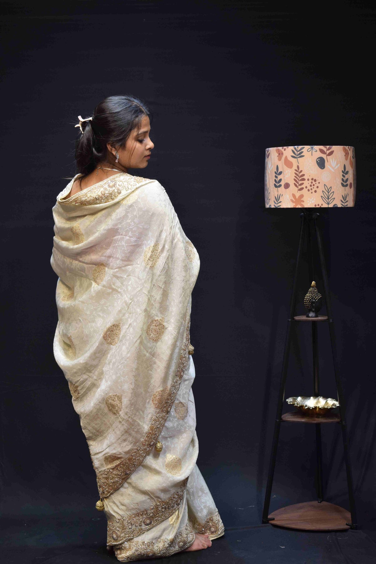Elegant Ivory White Banarasi Saree with Intricate Gold Embroidered Border