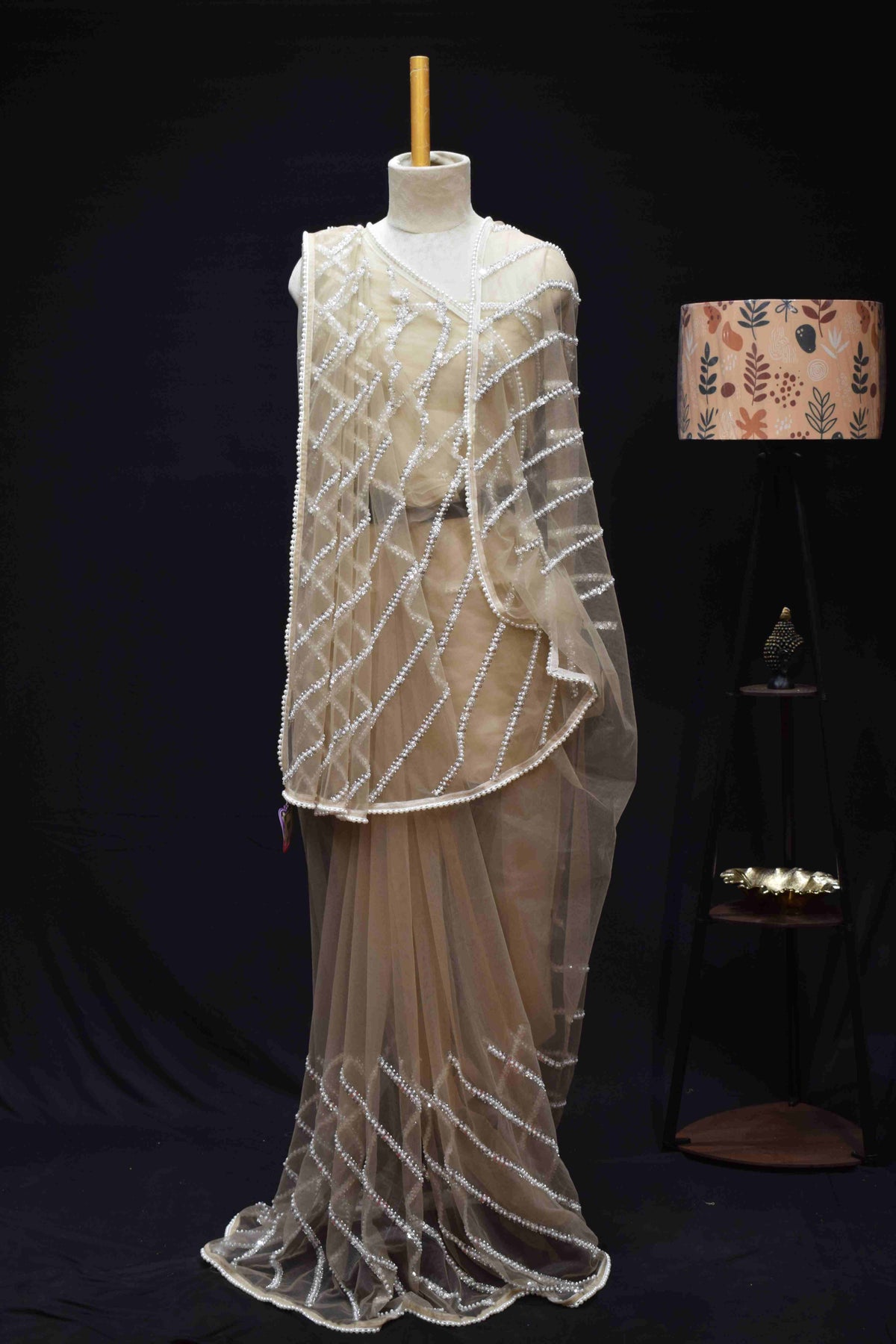 Champagne Pearl Embellished Sheer Net Saree with Designer Border