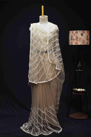Champagne Pearl Embellished Sheer Net Saree with Designer Border