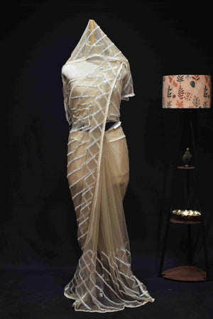 Champagne Pearl Embellished Sheer Net Saree with Designer Border