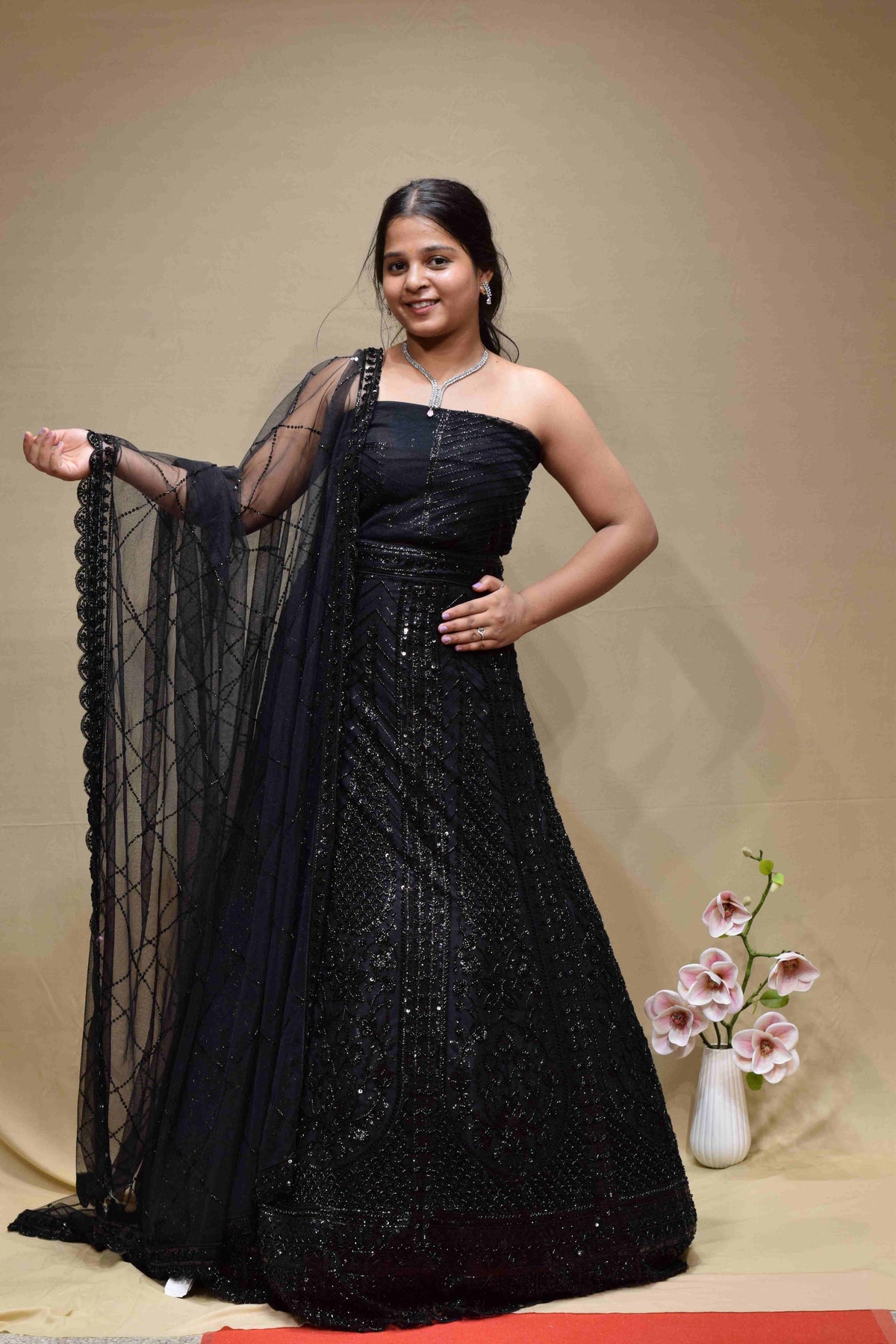 Midnight Black Designer Saree with Sequin Embroidery & Sheer Net Pallu
